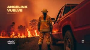 Portada del pódcast Angelina vuelve de Muy Waso. Imagen generada con IA de una mujer viendo un paisaje incendiado.