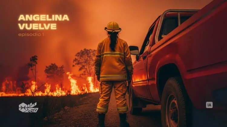 Portada del pódcast Angelina vuelve de Muy Waso. Imagen generada con IA de una mujer viendo un paisaje incendiado.