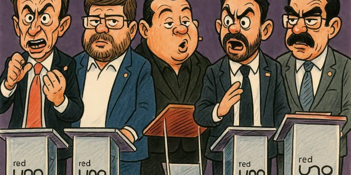 Caricatura de los candidatos presidencia en el debate presidencial de la Red Uno en 2025.