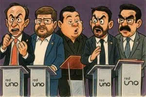 Caricatura de los candidatos presidencia en el debate presidencial de la Red Uno en 2025.