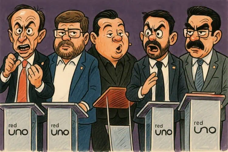 Caricatura de los candidatos presidencia en el debate presidencial de la Red Uno en 2025.