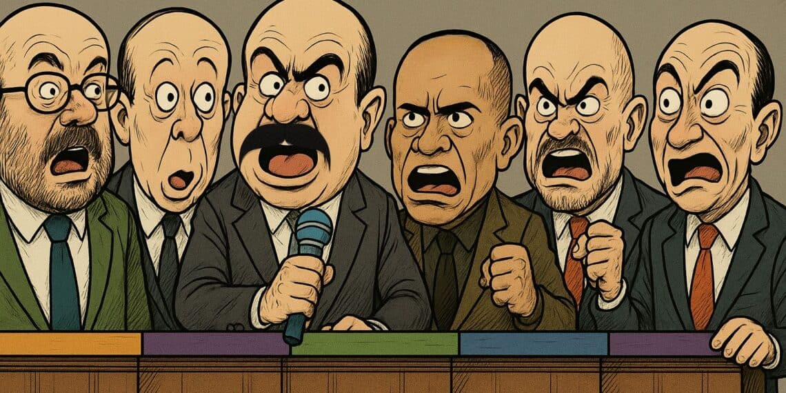 Caricatura ilustrativa para el análisis del tercer debate presidencial en Bolivia. Imagen generada por IA.