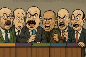 Caricatura ilustrativa para el análisis del tercer debate presidencial en Bolivia. Imagen generada por IA.