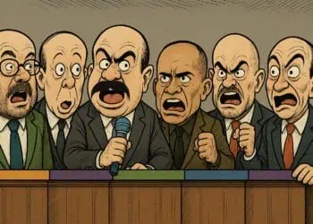 Caricatura ilustrativa para el análisis del tercer debate presidencial en Bolivia. Imagen generada por IA.