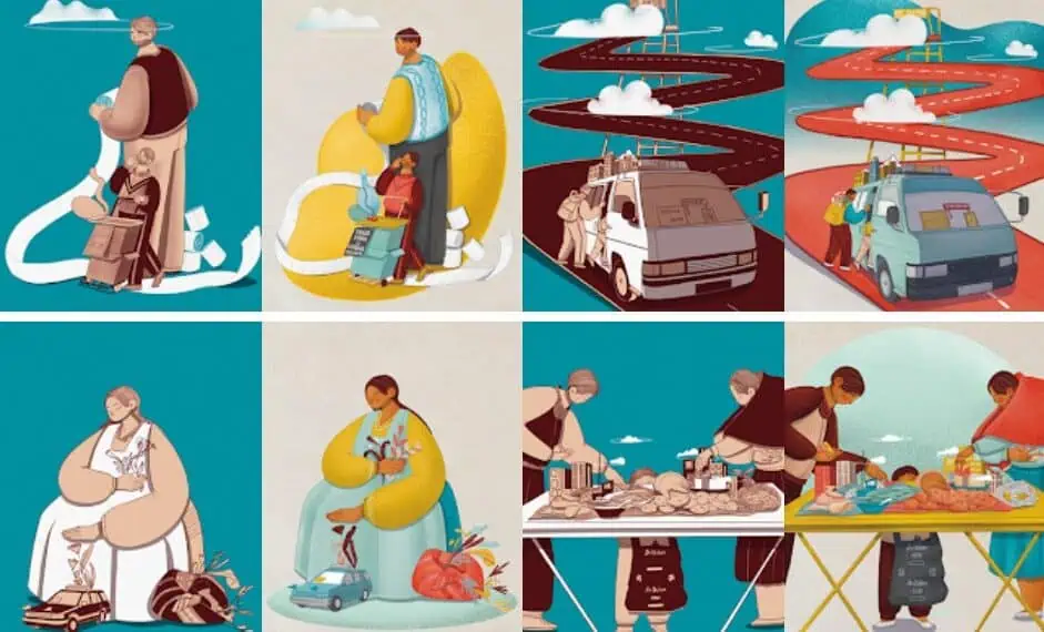 Ilustraciones artísticas flat sobre actividades cotidianas en la ciudad de El Alto, Bolivia.